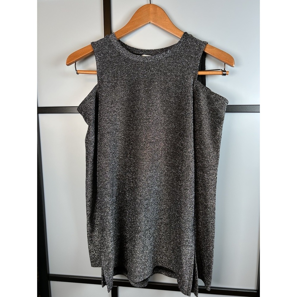 Michael Kors Top‎ Black Silver Shimmer Metallic Long Sleeve Cold Shoulder Size S